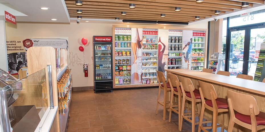 Interior of a Smoothie King juice bar franchise outlet