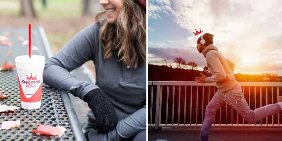 Two pictures of a woman jogging on a bench with a cup of coffee, highlighting the demand for smoothies year round.