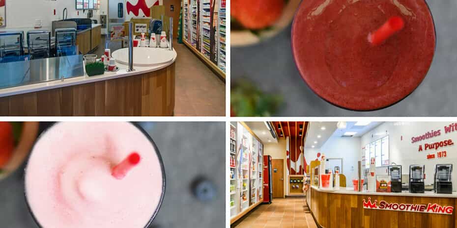 A series of pictures showing a watermelon smoothie in a store, featuring the Perfect Blender.