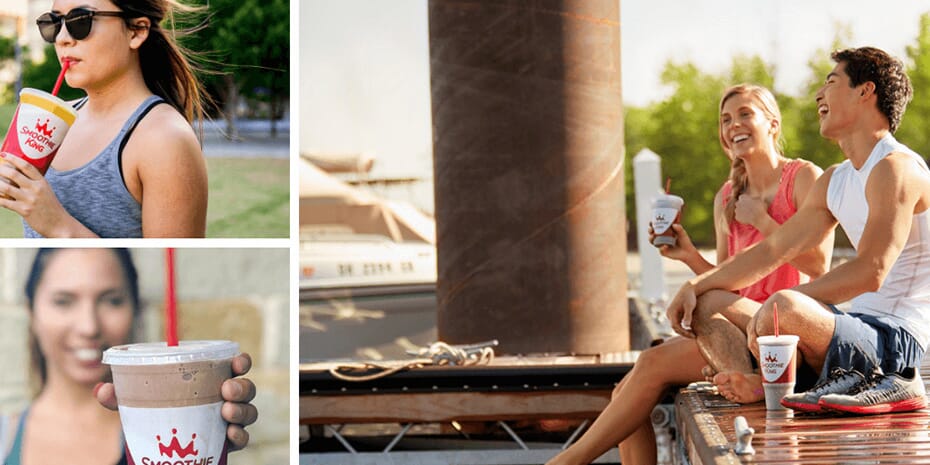 A man and woman are sitting on a dock with a drink in their hands, showcasing how Smoothie King is prepared for the next generation of consumers.