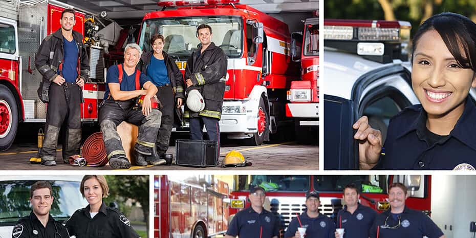 A collage of pictures featuring firefighters in uniform highlighting Smoothie King's franchise opportunities for first responders.