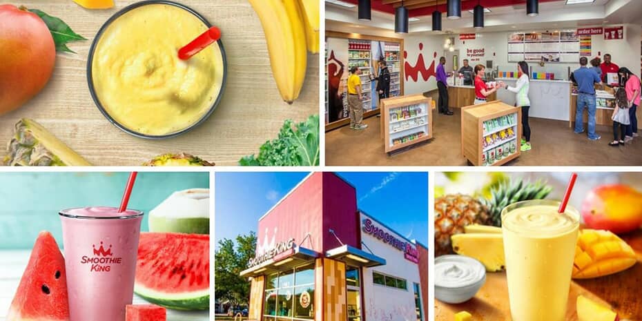 A collage of Smoothie King smoothies and fruit.