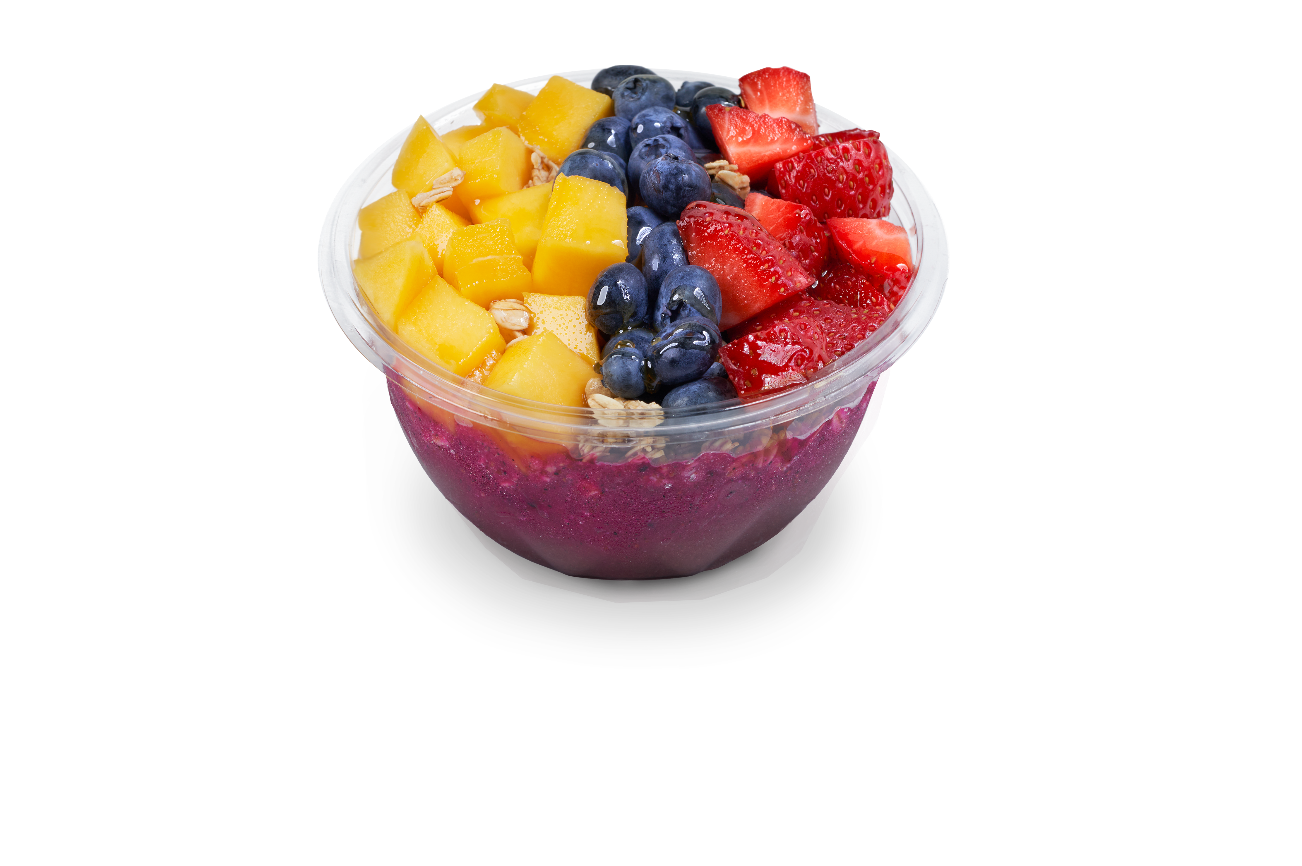A fruit smoothie in a plastic cup offered by a smoothie franchise with berries and nuts.