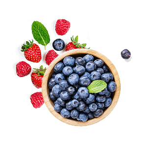 Blueberries and strawberries in a wooden bowl, perfect for a smoothie franchise.