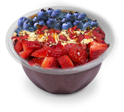 A fruit smoothie franchise featuring a bowl with berries, blueberries, and granola.