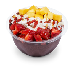 A fruit smoothie franchise bowl featuring strawberries and mangoes.