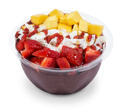 A fruit smoothie franchise bowl featuring strawberries and mangoes.