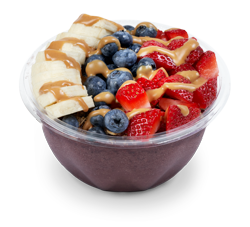 A fruit smoothie franchise featuring a bowl with berries, bananas, and peanut butter.