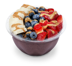 A fruit smoothie franchise featuring a bowl with berries, bananas, and peanut butter.